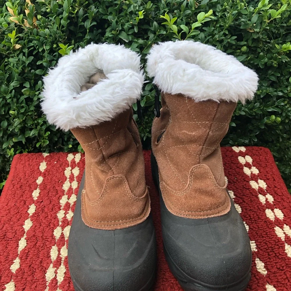 Champion THERMOLITE BROWN LEATHER SUEDE FAUX FUR ACCENT ZIPPER SNOW BOOTS SIZE 8
